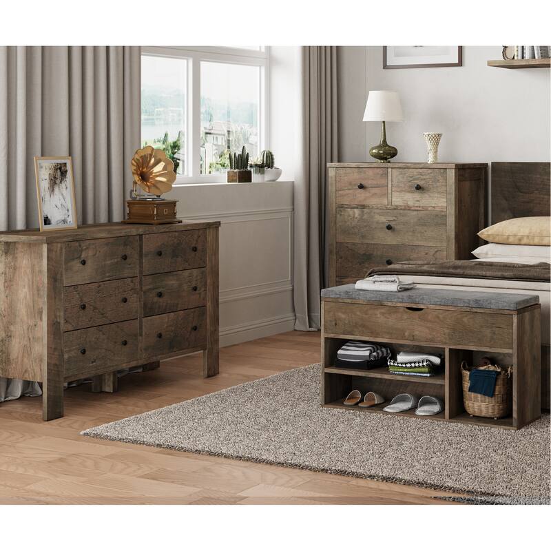 Shoe Storage Bench with a Cushioned Seat and 2 Tiers of Shelves