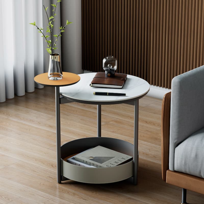 Round End Table White Slate Top, Storage Basket