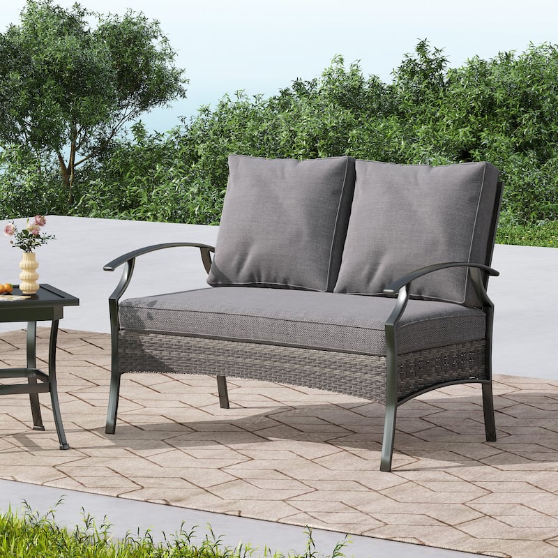 Outdoor Metal Wicker Cushioned Loveseat Sofa