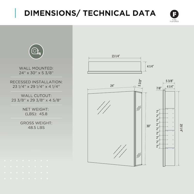 Bathroom Medicine Cabinet, Aluminum, Recessed/Surface Mount, Right/Left Hinged, Mirrored Interior