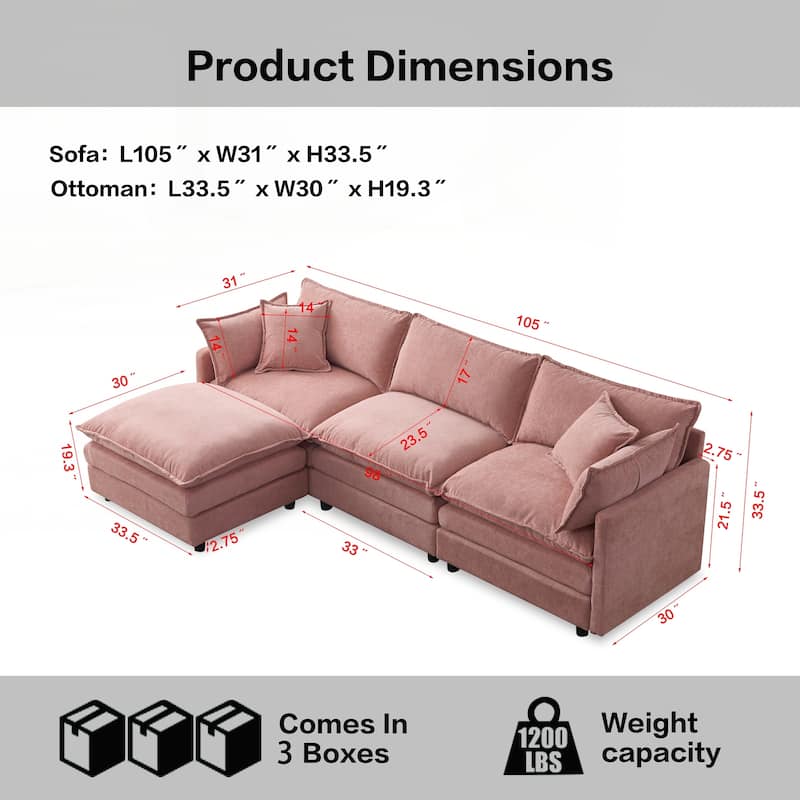 Upholstered Soft Chenille Fabric Sofa,3 Seater with Ottoman L Shape Sofa