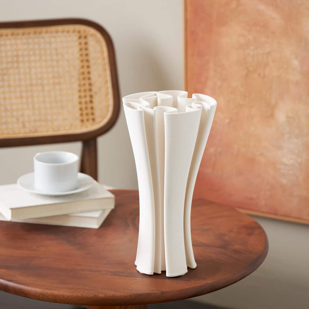 White Ceramic Ribbed Dimensional Folded Abstract Vase with Curvy Rim