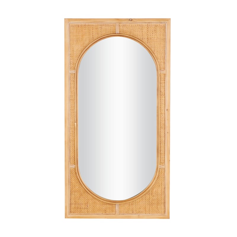 Brown Rattan Room Wall Mirror with Oval Center