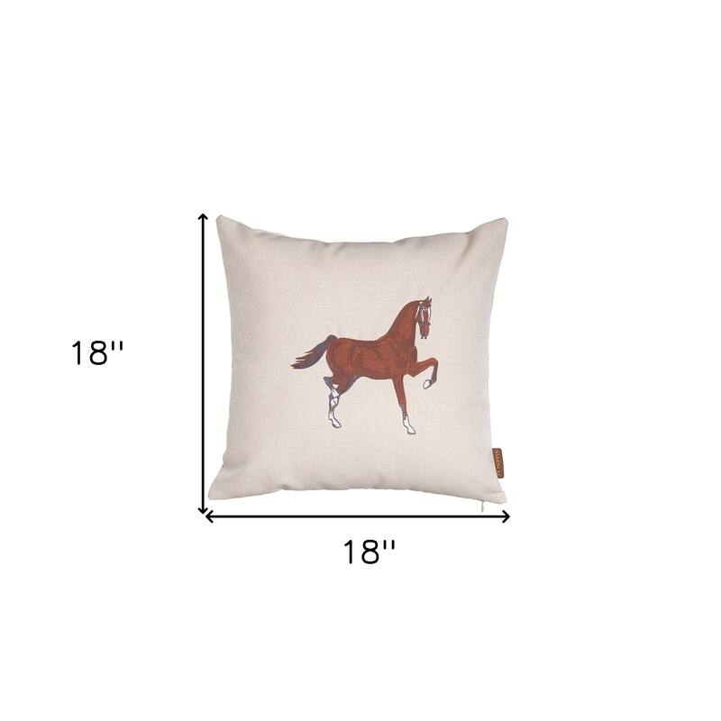 HomeRoots 18" X 18" Beige Horse Animal Print Zippered Handmade Polyester Throw Pillow With Embroidery