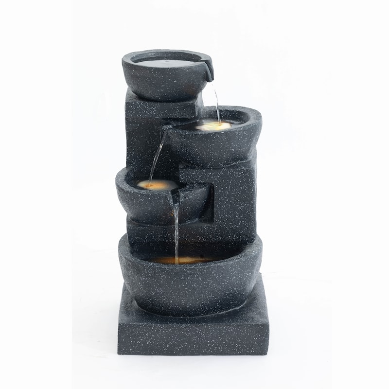 GDFStudio - Terrazzo 29" H Modern Outdoor/Indoor 4-Tier Water Fountain with Cascading Bowls, Stacked Stones Design & LED Lights