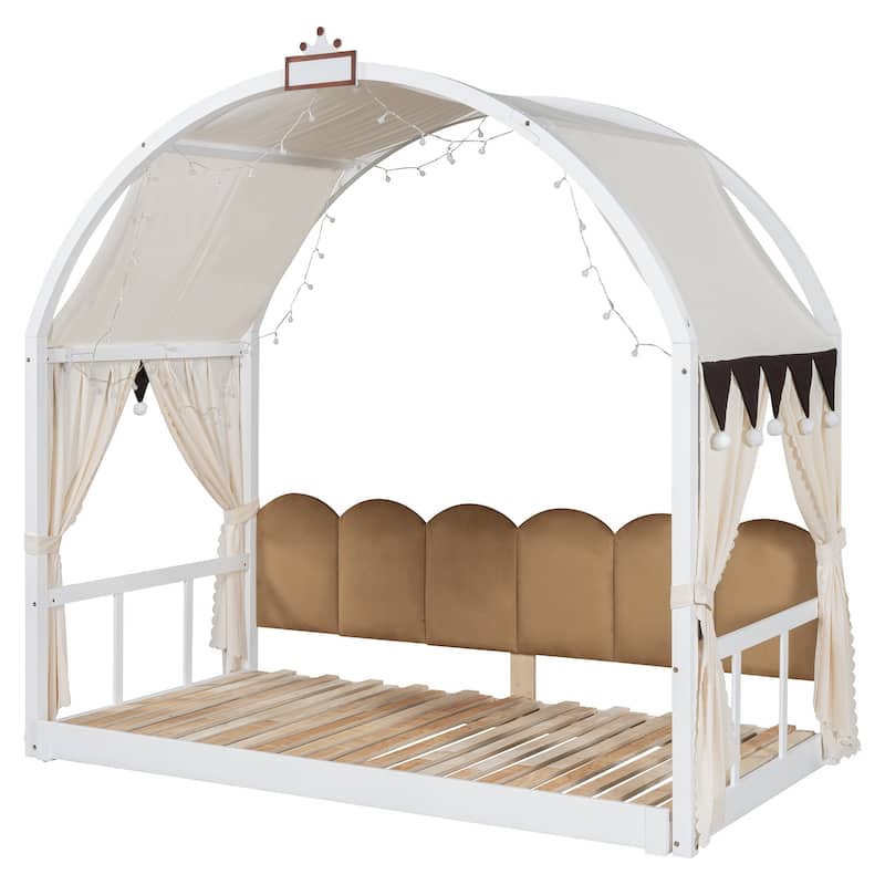 Wood Twin Size Bed Frame with Arched Roof, Floor Bed with Light and Curtain, Pull-out Kids Bed for Girls Boys Bedroom
