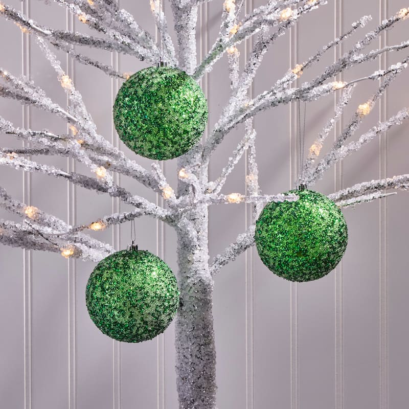 4" Beaded Metallic Ball Ornament Set of 3 - Green