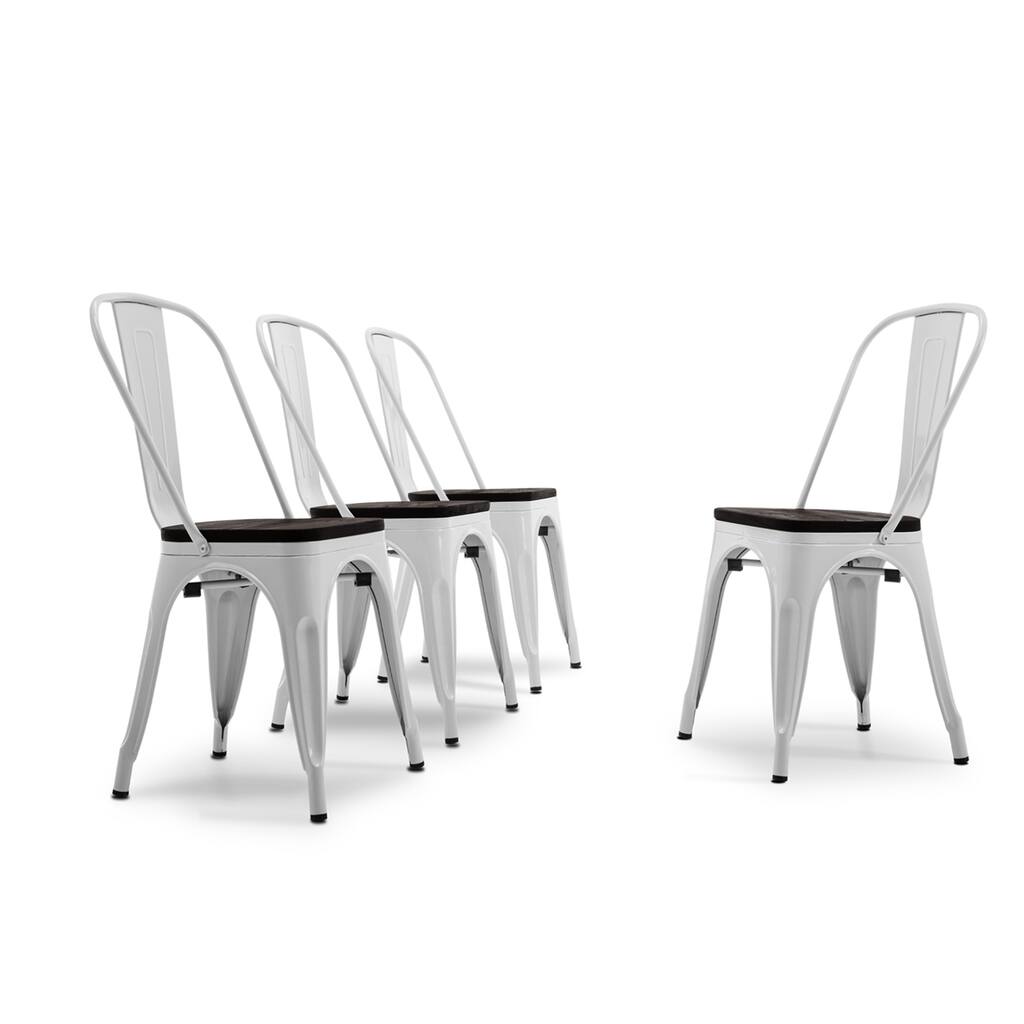 BELLEZE Set of 4 Metal Chair w/ Wood Seat Stackable Chairs, White
