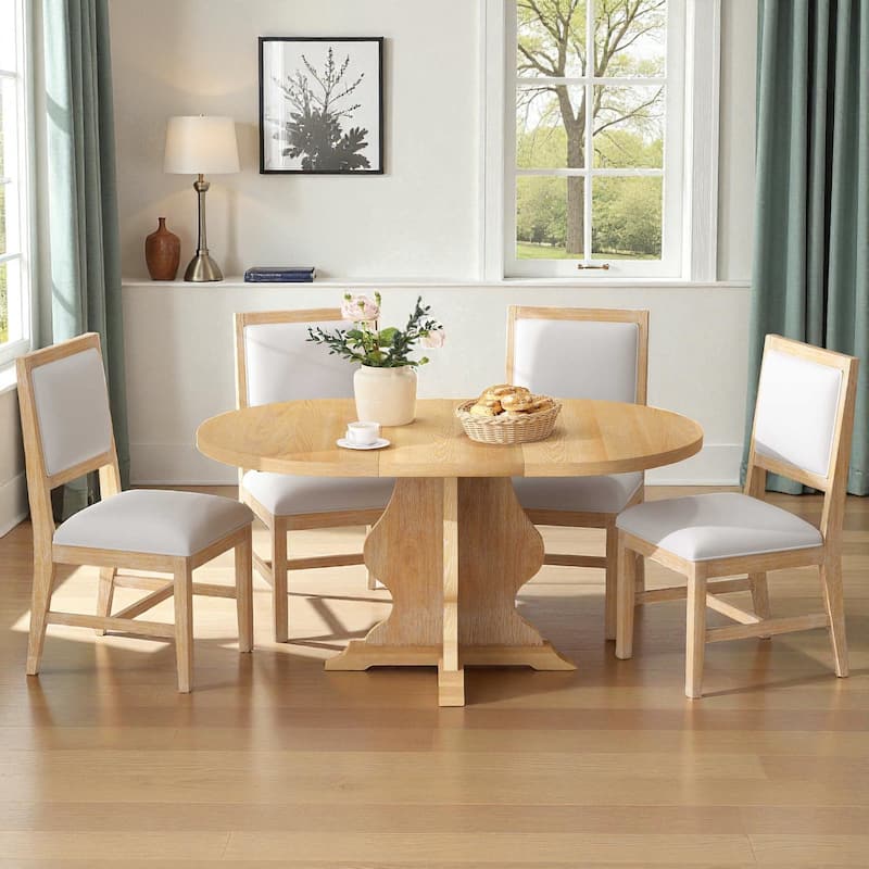 Farmhouse 5-Piece Extendable Dining Table Set, 42.5"-58.2" Wood Table with 15.7" Leaf and 4 Upholstered Chairs