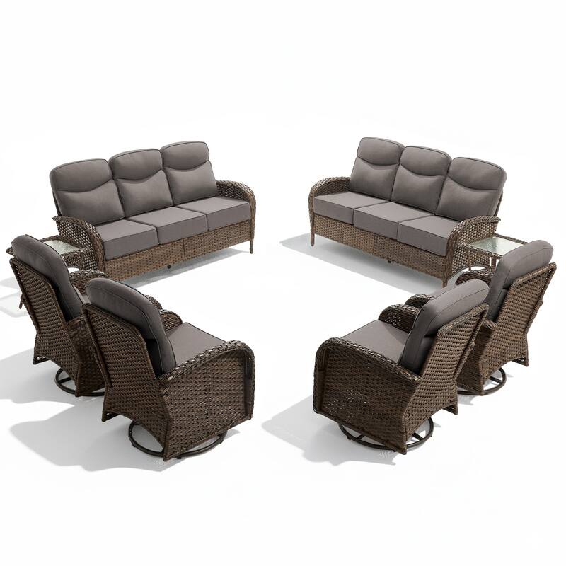 Luna 8-Piece Wicker Patio Conversation Set with Swivel Gliders and 6-Inch Thick Olefin Cushions