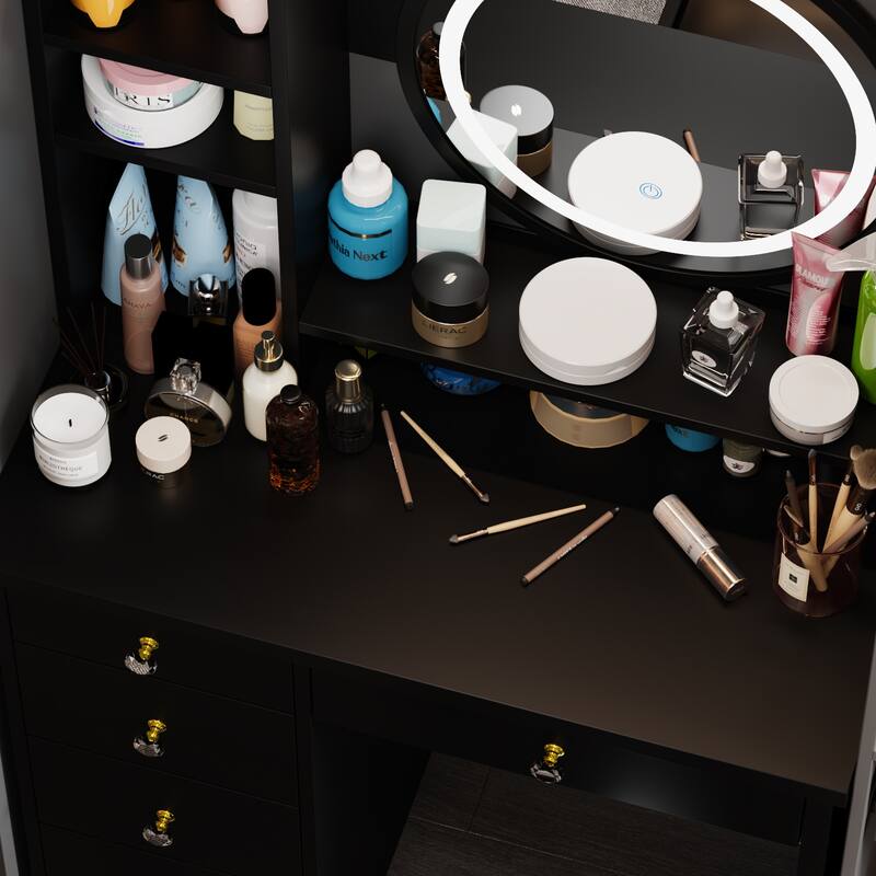 5-Drawers Makeup Vanity Table Set with Lighted Mirror (PINK/BLACK) - 52"H