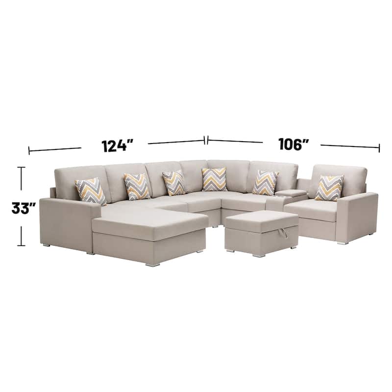 Linen Fabric 8 Piece U-Shaped Reversible Chaise Sectional Sofa with Interchangeable Legs and 6 Pillows