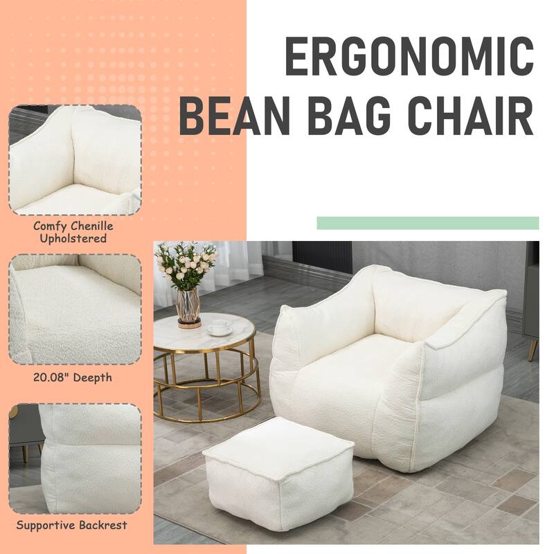 Boucle Upholstered Deep Seat Armless Square Bean Bag Chair with Ottoman