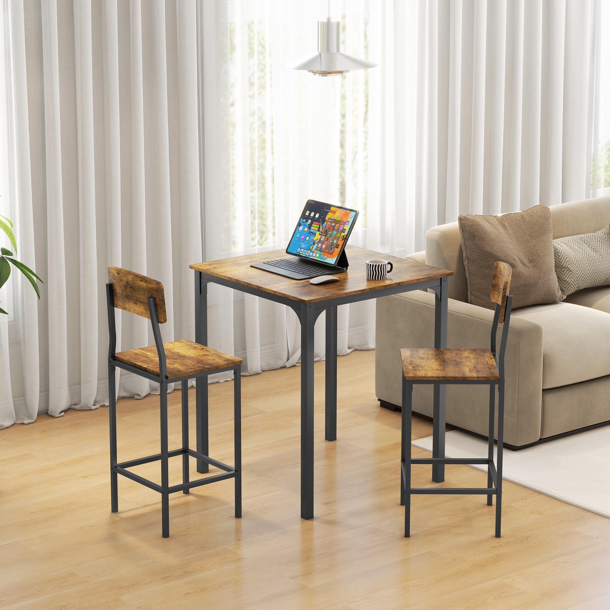 3 Piece Counter Height Bar Table and Chairs Set Industrial Small Dining Table Square Kitchen Table and Stools with Steel Frame