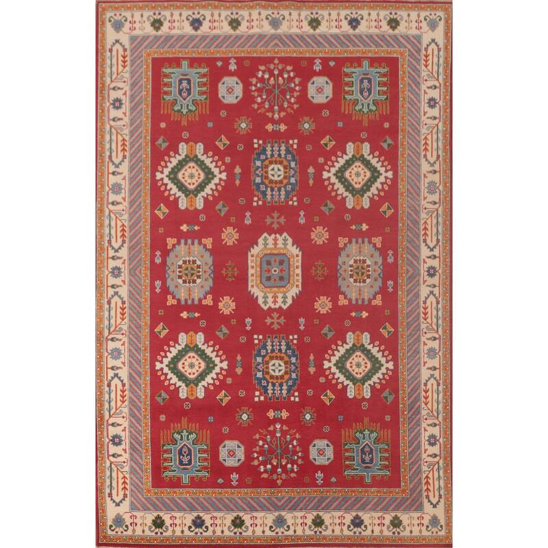 Geometric Red Kazak Area Rug Handmade Oriental Wool Carpet - 6'6" x 9'10"
