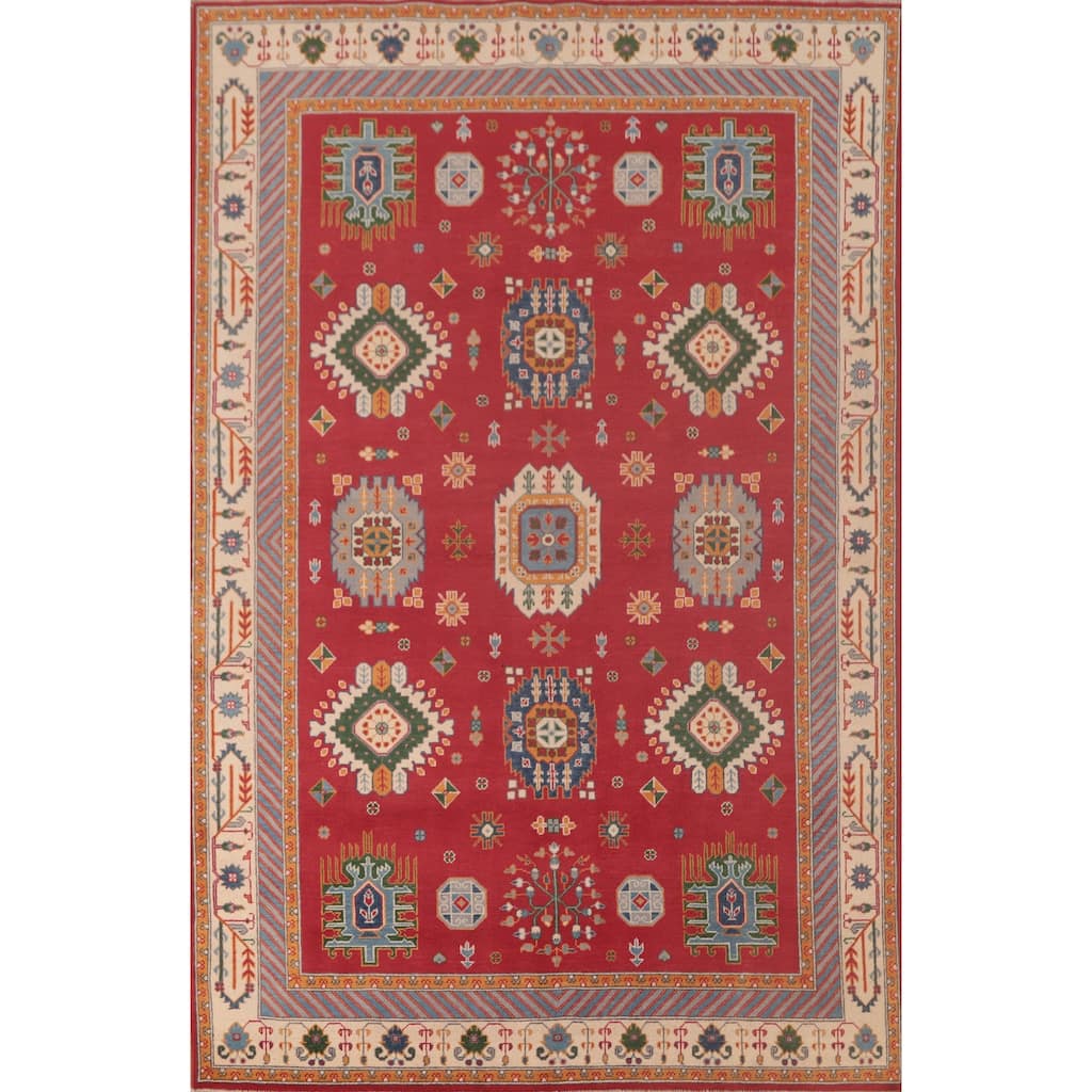 Geometric Red Kazak Area Rug Handmade Oriental Wool Carpet - 6'6" x 9'10"