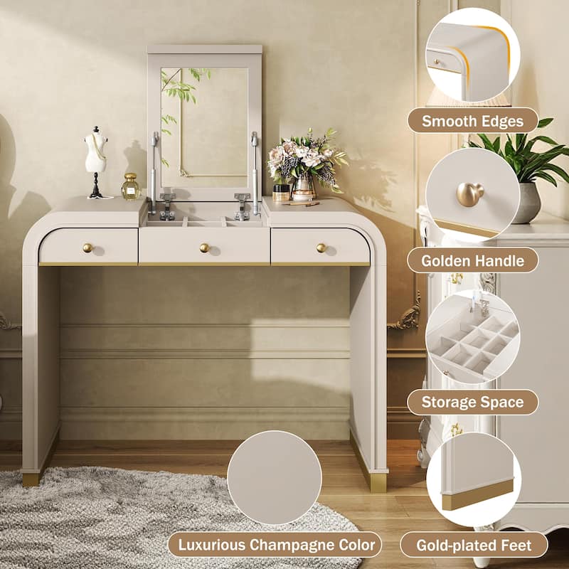 Roomfitters Flip Top Vanity Desk with Mirror and Hidden Storage, Modern Makeup Table with Gold Trim for Small Space