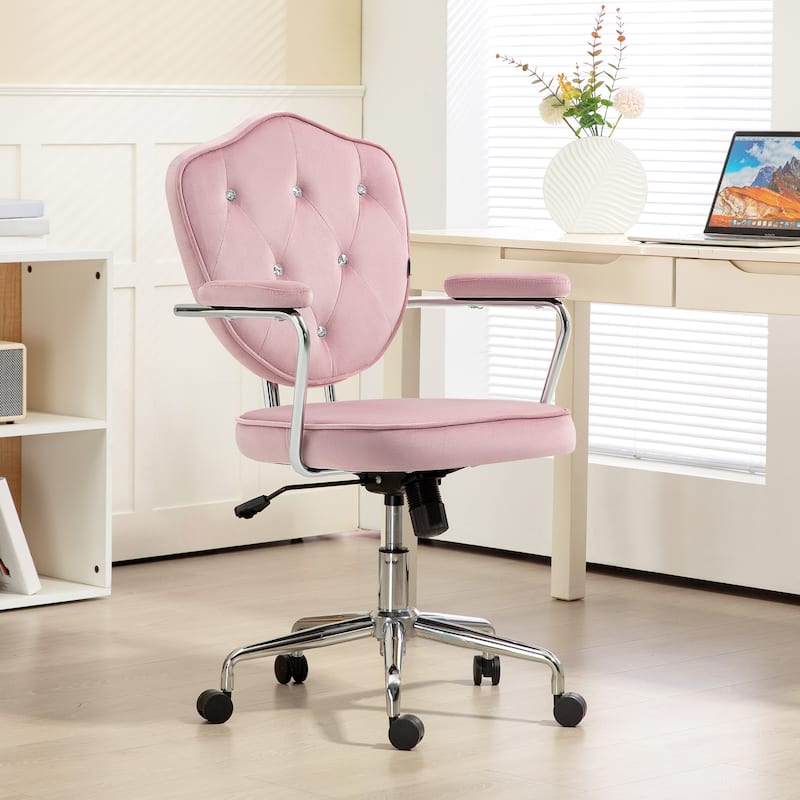 Stylish Velvet Vanity Chair with Rhinestone Backrest, Tilt Function, and Rolling Wheels for Home Office or Makeup Desk
