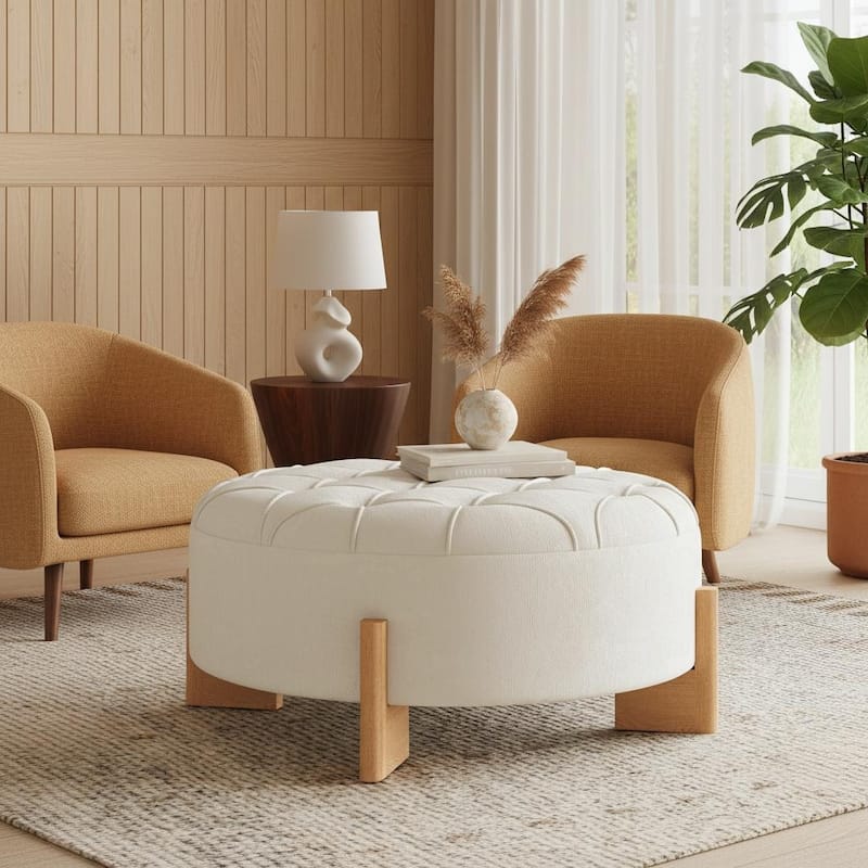 32" Round Tufted Ottoman with Solid Wood Legs by Harper&Bright Designs - Beige
