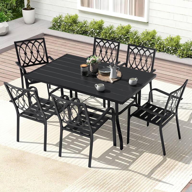 Metal Outdoor Dining Set with Umbrella Hole and Stackable Chairs - 7PCS