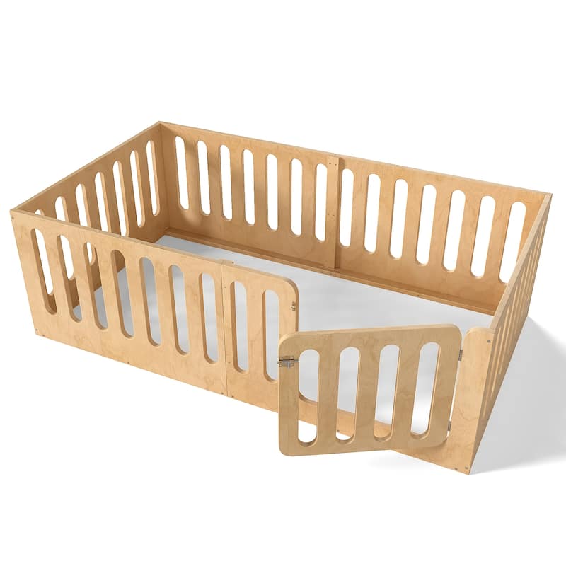 Twin Size Floor Bed with High Fence for Kids, Solid Wood Kids Montessori Bed with Door, No Box Spring Needed Design