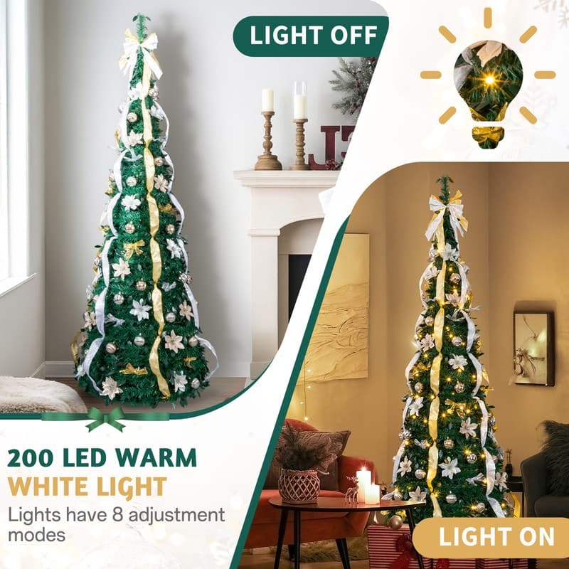 7 FT Fully Decorated Pre-lit Pop Up Artificial Xmas Tree with 200 Warm Lights Remote Control
