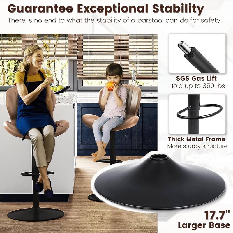 BOSSIN Set of 2 Modern Adjustable Bar Stools, Faux Leather Upholstered Swivel Counter Stools - 16.5"D x 19.6"W x 46.9"H