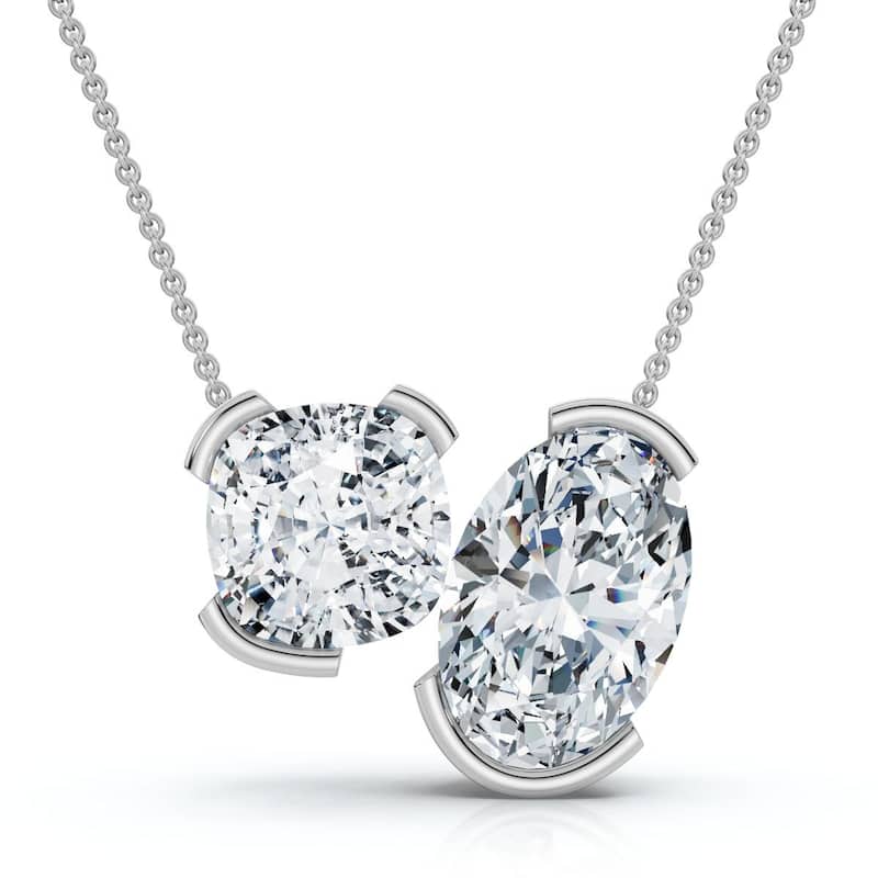 Bliss Diamond 2Ct Cushion and Oval Toi et Moi Diamond Pendant Gold or Pt Lab Grown