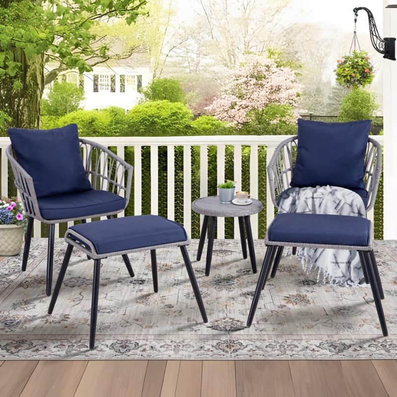 5-PC Wicker Outdoor Sofa Set, 2 Chairs, 2 Ottomans, 1 Table - Gray/Blue