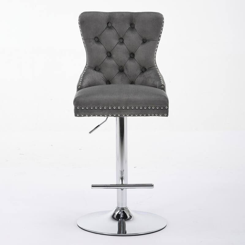 Roomfitters Adjustable Velvet Bar Stools Set of 2, Tufted Swivel Counter Stools with Chrome Base and Diamond Pleating
