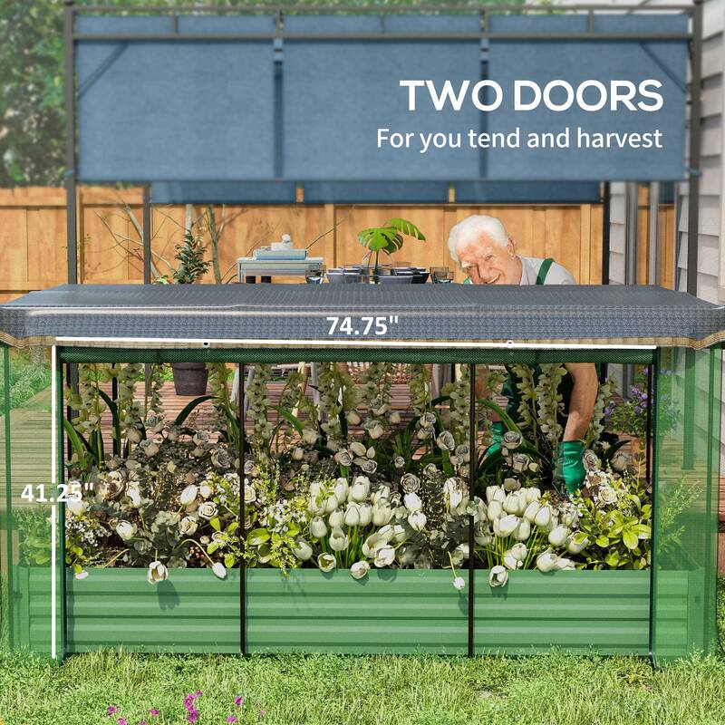Outsunny Galvanized Raised Garden Bed with Crop Cage Plant Protection Net and Shade Cloth, Metal Planter Box
