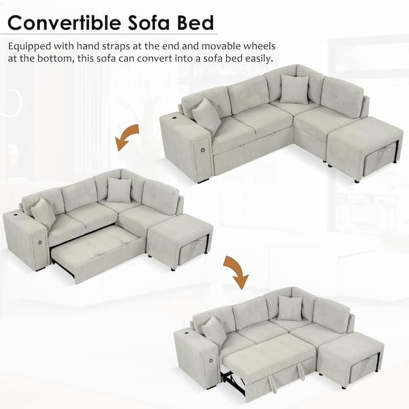 86.6" L-Shaped 4-Seat Sectional Sofa with Pull-Out Bed, Movable Ottoman, USB Ports, and Drop-Down Table Cup Holder