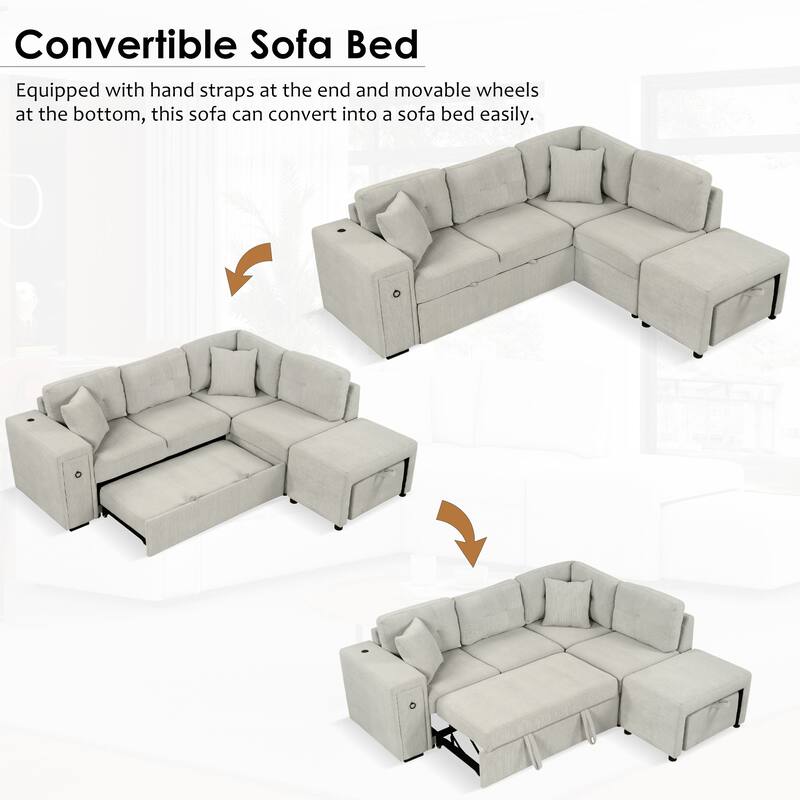 Convertible Sectional Sofa Bed with Ottoman, Chenille L-Shaped Pull Out Couch with Drawer 2 USB Ports & 2 Cup Holders