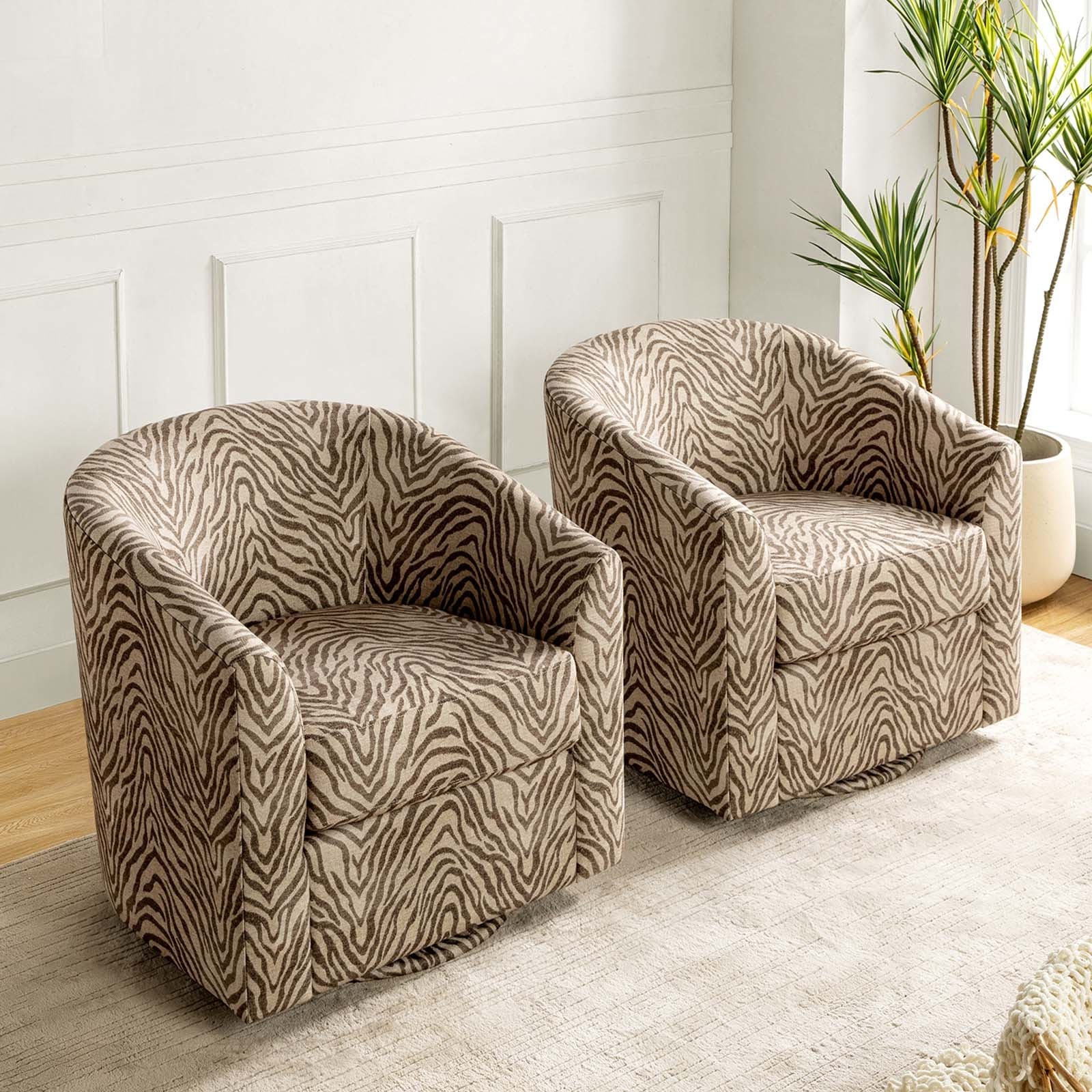 Cuenca Modern Living Room Wooden Upholstered 360° Swivel Barrel Chair with Metal Base and Wide Backrest Set of 2