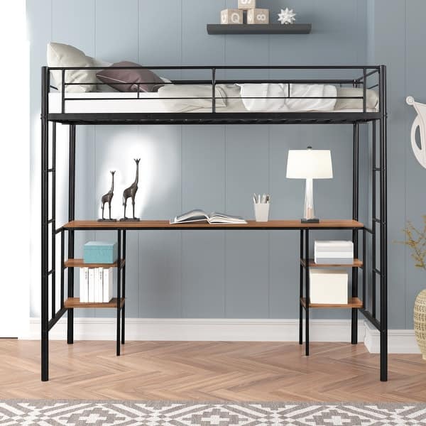 slide 2 of 9, Twin Size Metal Loft Bed with Table and Built-In Desk Black