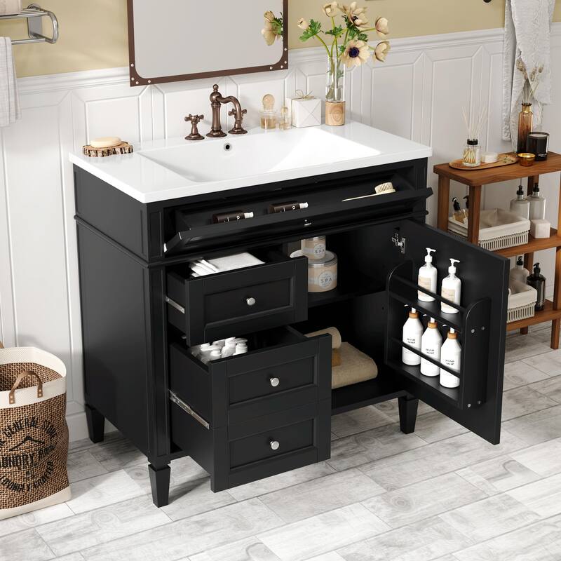 36'' Bathroom Vanity with Top Sink, 3 Drawers for Stylish Storage - With Sink - Black