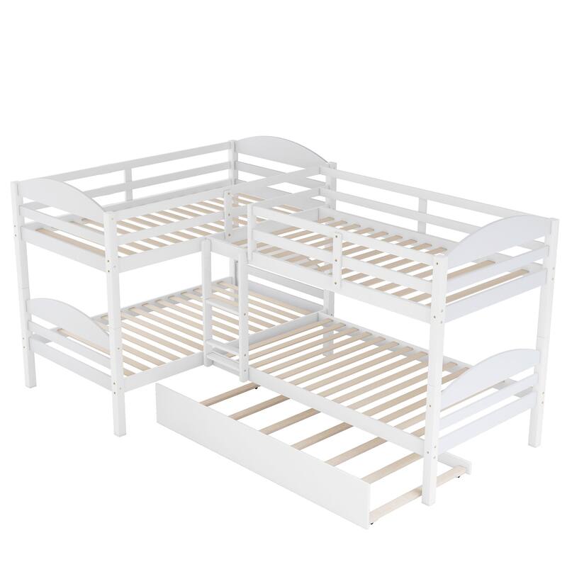 White Twin L-Shaped Bunk Bed with Trundle, No Box Spring Required, Assembly Needed