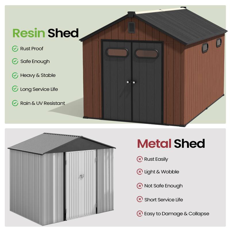 VredHom 8X8/8X10/8X12 FT All-Weather Outdoor Resin Lockable Storage Shed with Windows Floor for Patio Furniture and Tools