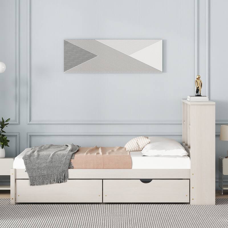 Modern Twin Size Bed Frame with USB Port, Bookcase Headboard & 2 Drawers in White Washed Finish