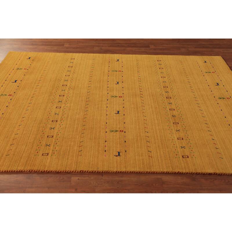 Tribal Gold Gabbeh Oriental Area Rug Hand-Knotted Wool Carpet - 5'5" x 7'7"
