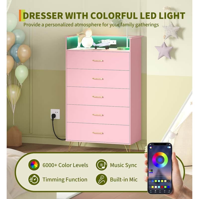 5-Drawer Dresser for Bedroom with Charging Station & RGB Lights
