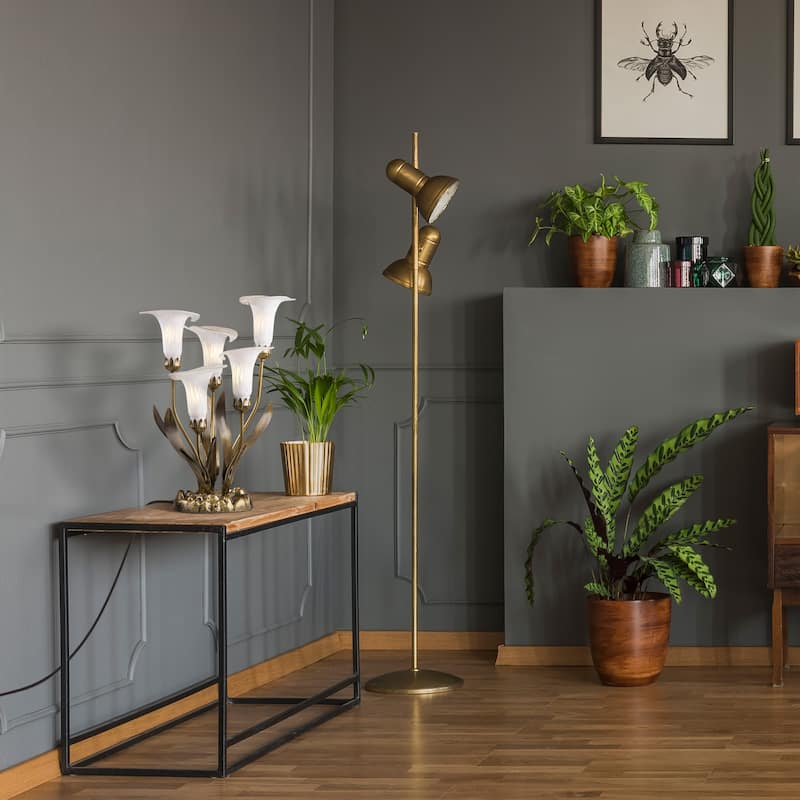 20-inch Antique Brass and Hand Blown Glass 5 Calla Lily Uplight Accent Lamp - 15" x 14" x 20"