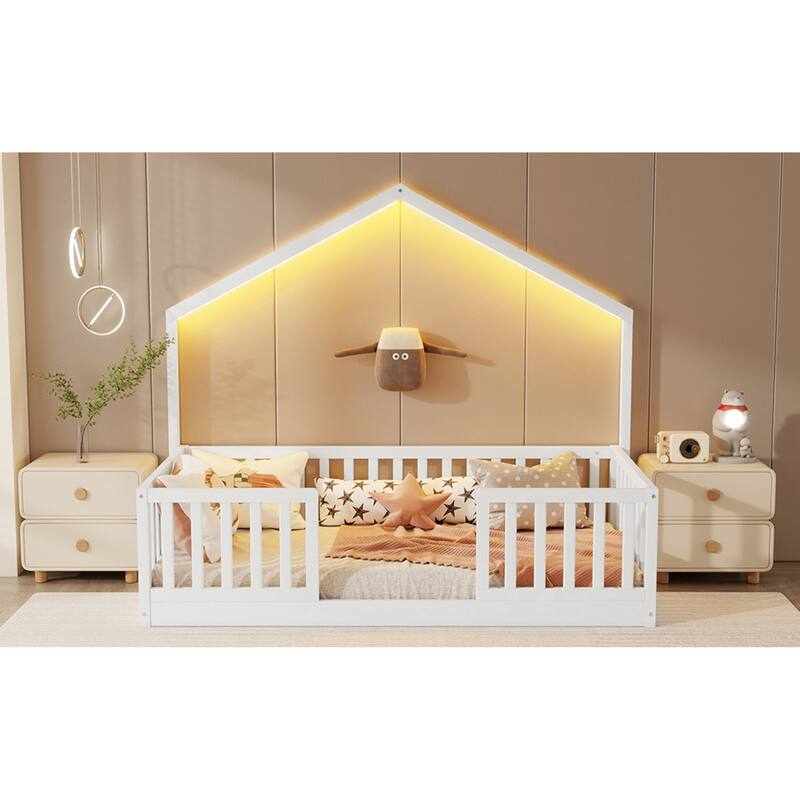 Roomfitters Twin/Full Floor Platform Bed, House Frame and LED Light with Wooden High Rails for Bedrooms or Guest Rooms