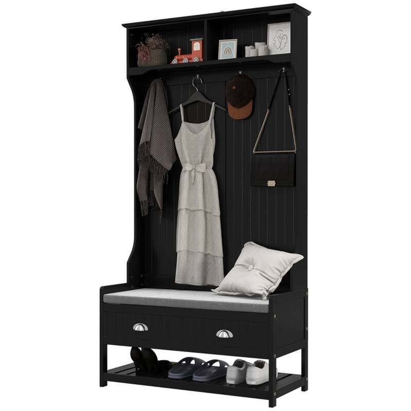 3-in-1 Hall Tree with Bench, Coat Hooks & Storage Drawers 35" L x 16.5" W x 67.75" H - 35" L x 16.5" W x 67.75" H - Black