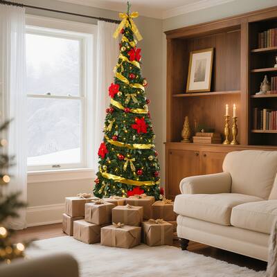 6FT & 7FT Pop Up Artificial Christmas Tree with Red and Gold Ornaments Warm Lights - N/A