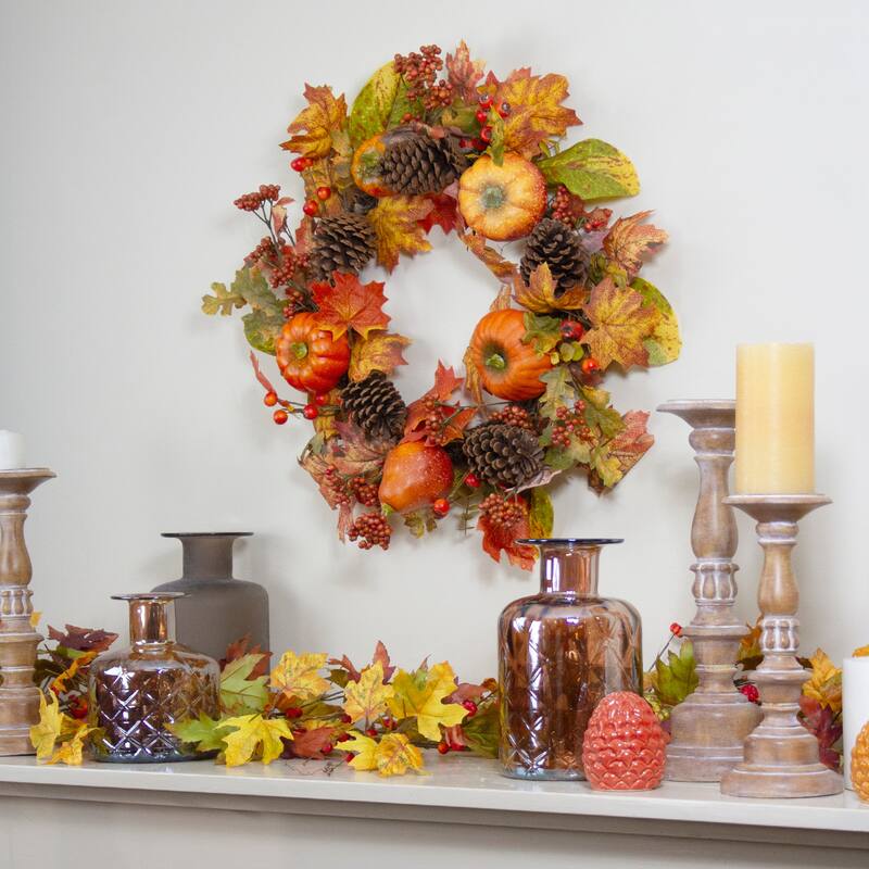 Orange Pumpkins Pine Cones Berries Fall Harvest Wreath - 24 inch Unlit
