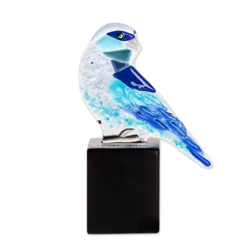 Handmade Blue-Grey Tanager Art Glass Sculpture (El Salvador) - 5.5" H x 3.1" W x 2" D