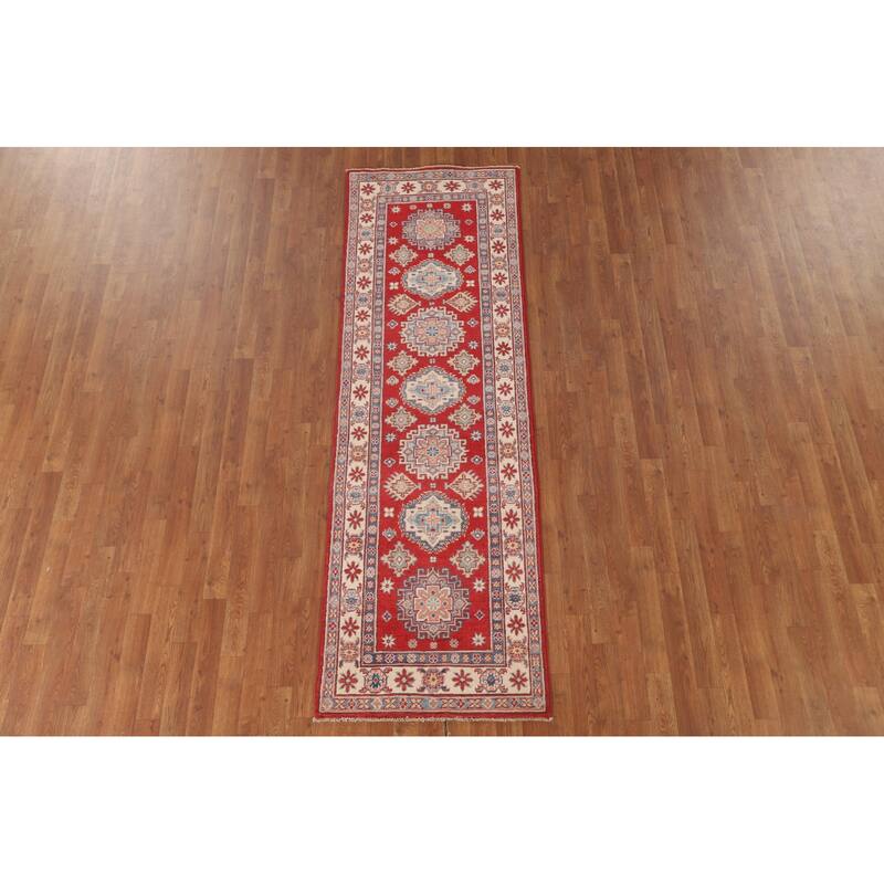 Geometric Red Kazak Runner Rug Hallway Hand-Knotted Wool Carpet - 2'7" x 8'0"