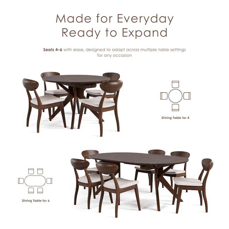 Furniture of America Abigail V Mid-Century Modern 7-Piece Rich Walnut Solid Wood Convertible Dining Set with Butterfly Leaf