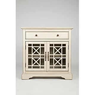 Koi 32 Inch Acacia Wood Accent Cabinet Console, 2 Fretwork Tempered Glass Doors, 1 Shelf, Antique White
